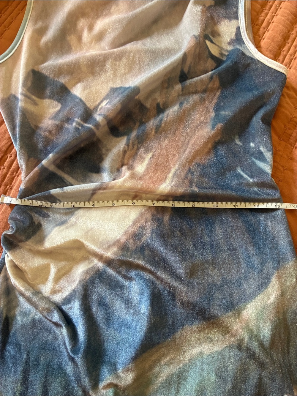 Landscape scenic pastoral print graphic body con velvet velour midi dress size M - Picture 8 of 11